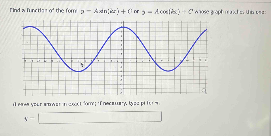 Find a function of the form y=Asin (kx)+C or y=Acos (kx)+C whose graph matches this one: 
(Leave your answer in exact form; if necessary, type pi for π.
y=□