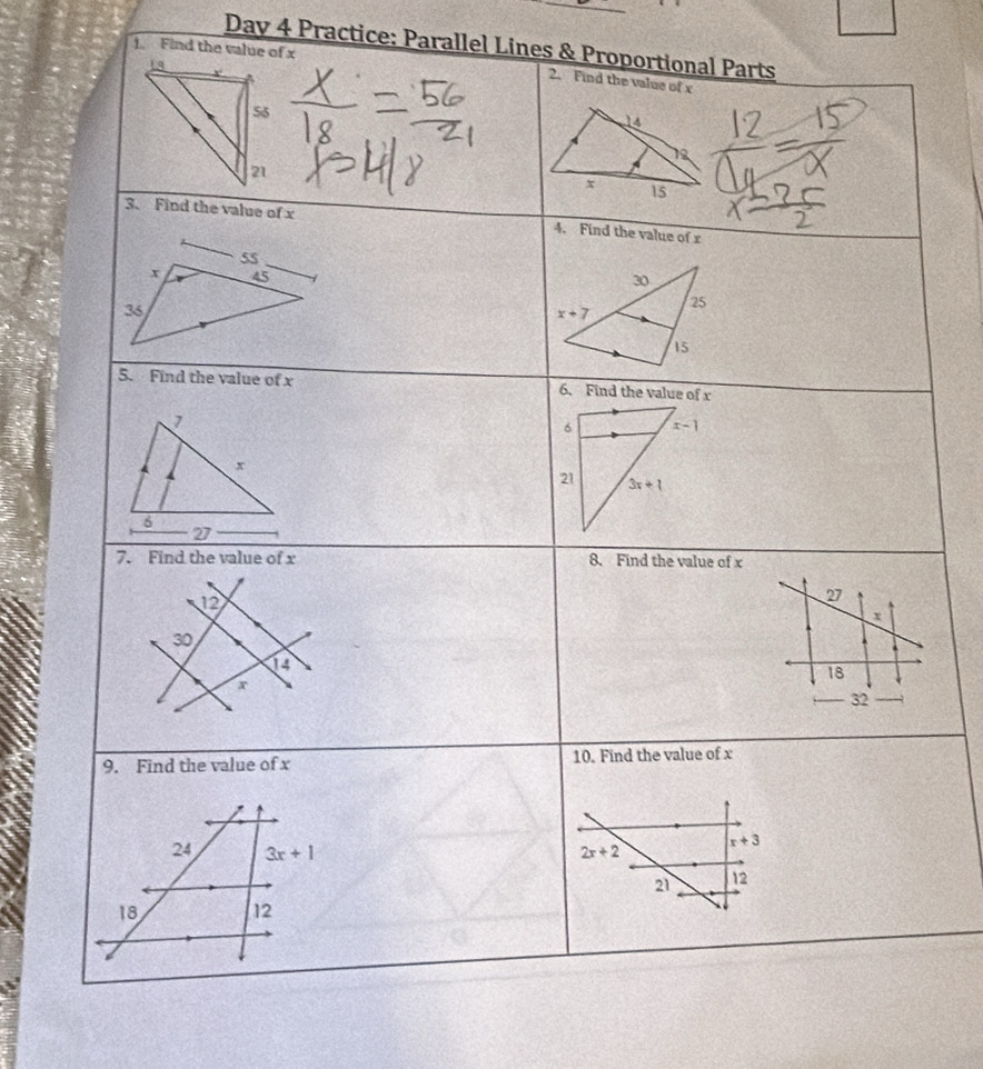 Day 4 Practice: Parallel Lines & P
1. Find the value of x