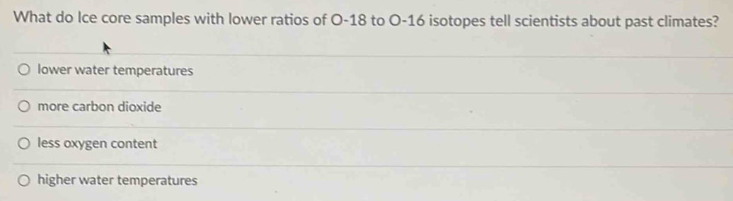 What do Ice core samples with lower ratios of O- 18 to O-16 isotopes tell scientists about past climates?
lower water temperatures
more carbon dioxide
less oxygen content
higher water temperatures