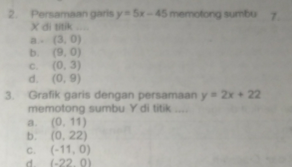 Persamaan garis y=5x-45 memotong sumbu
X di titik …
a.< <tex>(3,0)
b. (9,0)
C. (0,3)
d. (0,9)
3. Grafik garis dengan persamaan y=2x+22
memotong sumbu Ydi titik ....
a. (0,11)
b. (0,22)
C. (-11,0)
d. (-22,0)