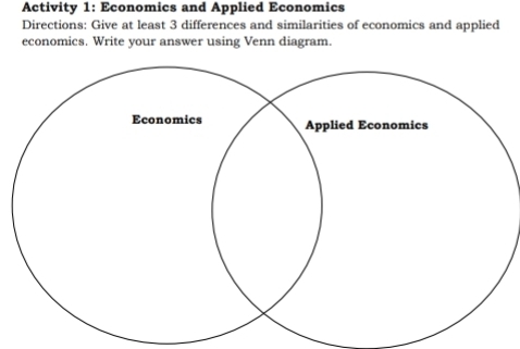 Activity 1: Economics and Applied Economics 
Directions: Give at least 3 differences and similarities of economics and applied 
economics. Write your answer using Venn diagram