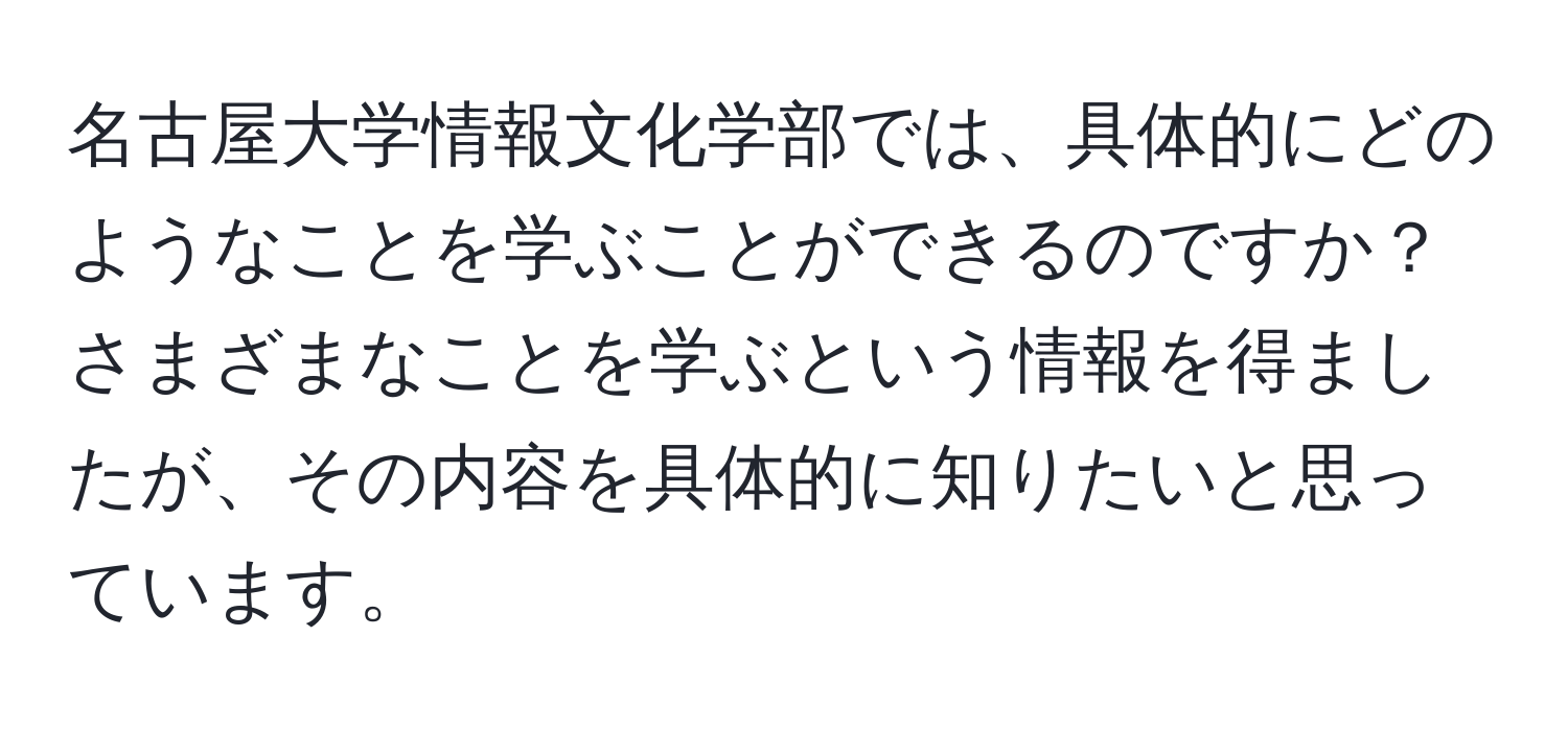 名古屋大学情報文化学部では、具体的にどのようなことを学ぶことができるのですか？さまざまなことを学ぶという情報を得ましたが、その内容を具体的に知りたいと思っています。