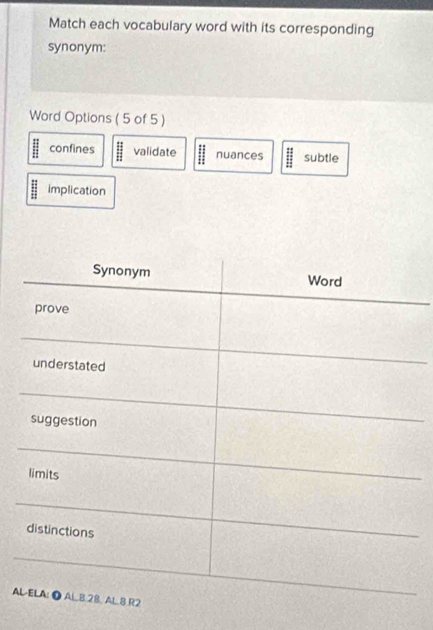 Match each vocabulary word with its corresponding
synonym:
Word Options ( 5 of 5 )
::
confines :
: validate nuances subtle
: implication
AL