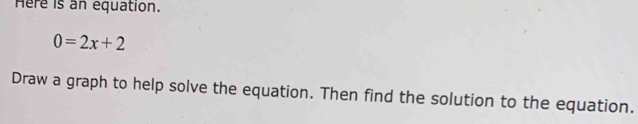 Here is an equation.
0=2x+2
Draw a graph to help solve the equation. Then find the solution to the equation.