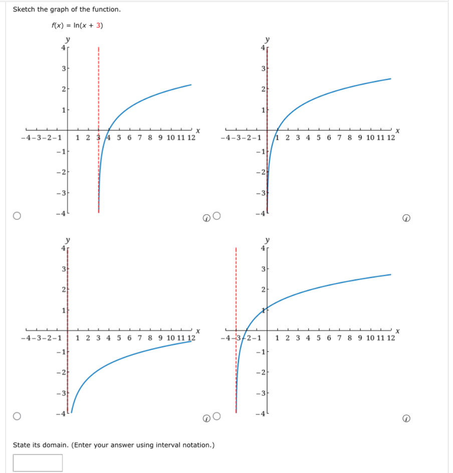 Sketch the graph of the function.
f(x)=ln (x+3)

State its domain. (Enter your answer using interval notation.)