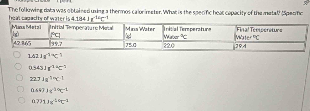 ple Choice I pom' 
The following data was obtained using a thermos calorimeter. What is the specifc heat capacity of the metal? (Specifıc
heat capacity of water is 4.184Jg^(-10)C^(-1)
1.62Jg^(-10)C^(-1)
0.543Jg^(-10)C^(-1)
22.7Jg^(-10)C^(-1)
0.697Jg^(-10)C^(-1)
0.771Jg^(-10)C^(-1)