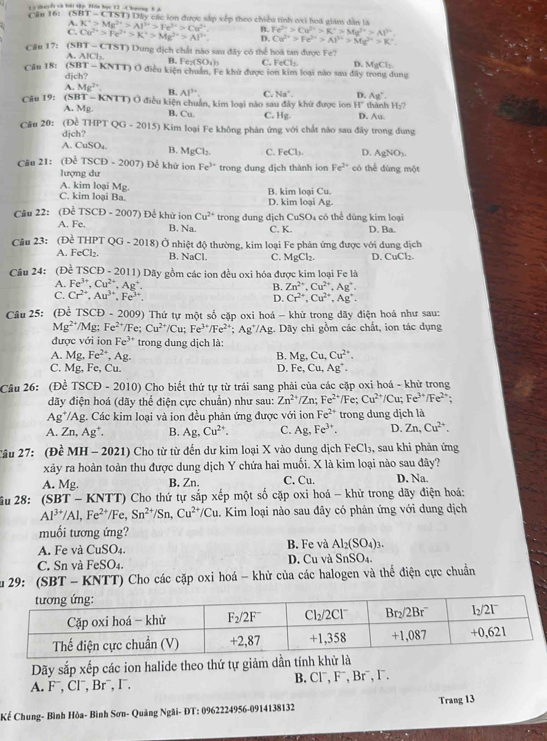 1 4 thuyết và bài tập Hôn bọc 12 - Chương 5 A
Cầu 16: (SBT-CTST)DR Dây các ion được sắp xếp theo chiều tính oxi hoá giám dân là
A.
C. K^+>Mg^(2+)>Al^(3+)>Fe^(2+)>Cu^(2+)
B.
Cu^(2+)>Fe^(2+)>K^+>Mg^(2+)>Al^(3+) D. Fe^(2+)>Cu^(2+)>K^+>Mu^(2+)>Al^(3+)
Cu^(2+)>Fe^(2+)>Al^(3+)>Mg^(2+)>K^+.
Câu 17: (SB T-CT ST) Dung dịch chất nào sau đây có thể hoà tan được Fe?
A. AlCl_3. B. F _2(SO_4)_3 C. FeCl_2.
D. MgCl_2.
Câu 18: (SBT-KNTT)0 0 điều kiện chuân. Fe khử được ion kim loại nào sau đây trong dung
djch?
A.Mg^(2+).
B. Al^(3+). C. Na^+. D. Ag^+.
Câu 19: (SBT-KNTT T Ở điều kiện chuẩn, kim loại nào sau đây khử được ion H° thành H₂?
A. Mg. B. Cu.
C. Hg. D. Au.
Câu 20: (Đề THPT QG-2015) Kim loại Fe không phản ứng với chất nào sau đãy trong dung
djch?
A. CuSO_4. B. MgCl_2.
C. FeCl_3. D. AgNO_3.
Câu 21: (Đề TSCD-2007) ) Để khử ion Fe^(3+) trong dung dịch thành ion Fe^(2+) có thể dùng một
lượng dư
A. kim loại Mg.
B. kim loại Cu.
C. kim loại Ba. D. kim loại Ag.
Câu 22: (Dhat eTSCD-2007) Để khử ion Cu^(2+) trong dung dịch CuSO_4 có thể dùng kim loại
A. Fe. D. Ba.
B. N a C. K.
Câu 23: (Dhat eTHPTQG-2018)hat O Ở nhiệt độ thường, kim loại Fe phản ứng được với dung dịch
A. FeCl_2. B. NaCl D. CuCl₂.
C. MgCl_2.
Câu 24: (D; TSCD-2011) 9  Dãy gồm các ion đều oxi hóa được kim loại Fe là
A. Fe^(3+),Cu^(2+),Ag^+. Zn^(2+),Cu^(2+),Ag^+.
B.
C. Cr^(2+),Au^(3+),Fe^(3+). D. Cr^(2+),Cu^(2+),Ag^+.
Câu 25: (Đề TSCD- 2009) Thứ tự một số cặp oxi hoá - khử trong dãy điện hoá như sau:
Mg^(2+)/Mg;Fe^(2+), /Fe: Cu^(2+)/Cu. Fe^(3+)/Fe^(2+);Ag^+/Ag 1. Dãy chi gồm các chất, ion tác dụng
được với ion Fe^(3+) trong dung dịch là:
A. Mg,Fe^(2+),Ag. B. Mg,Cu,Cu^(2+).
C. Mg, Fe, Cu. D. Fe,Cu,Ag
Câu 26: (Đề TSCE D - 2010) Cho biết thứ tự từ trái sang phải của các cặp oxi hoá - khử trong
dãy điện hoá (dãy thế điện cực chuẩn) như sau: Zn^(2+)/Zn;Fe^(2+)/Fe;Cu^(2+)/Cu; Fe^(3+)/Fe^(2+);
Ag^+/Ag g. Các kim loại và ion đều phản ứng được với ion Fe^(2+) trong dung dịch là
A. Zn,Ag^+. B. Ag,Cu^(2+). C. Ag,Fe^(3+). D. Zn,Cu^(2+).
Câu 27: (Dhat eMH-2021) 0 Cho từ từ đến dư kim loại X vào dung dịch FeCl₃, sau khi phản ứng
xảy ra hoàn toàn thu được dung dịch Y chứa hai muối. X là kim loại nào sau đây?
A. Mg. B. Zn. C. Cu. D. Na.
ầu 28: (SBT - KNTT) Cho thứ tự sắp xếp một số cặp oxi hoá - khử trong dãy điện hoá:
Al^(3+)/Al,Fe^(2+)/Fe,Sn^(2+)/Sn,Cu^(2+)/Cu. Kim loại nào sau đây có phản ứng với dung dịch
muối tương ứng?
A. Fe và CuSO4. B. Fe và Al_2(SO_4)_3.
C. Sn và FeSO4. D. Cu và SnSO_4.
u 29: (SBT - KNTT) Cho các cặp oxi hoá - khử của các halogen và thế điện cực chuẩn
Dãy sắp xếp các ion halide theo thứ tự giảm dần tính khử 
A. F¯, Clˉ, Brˉ, I¯. B. Cl¯, F¯, Br¯, I¯.
Trang 13
Kế Chung- Bình Hòa- Bình Sơn- Quảng Ngãi- ĐT: 0962224956-0914138132