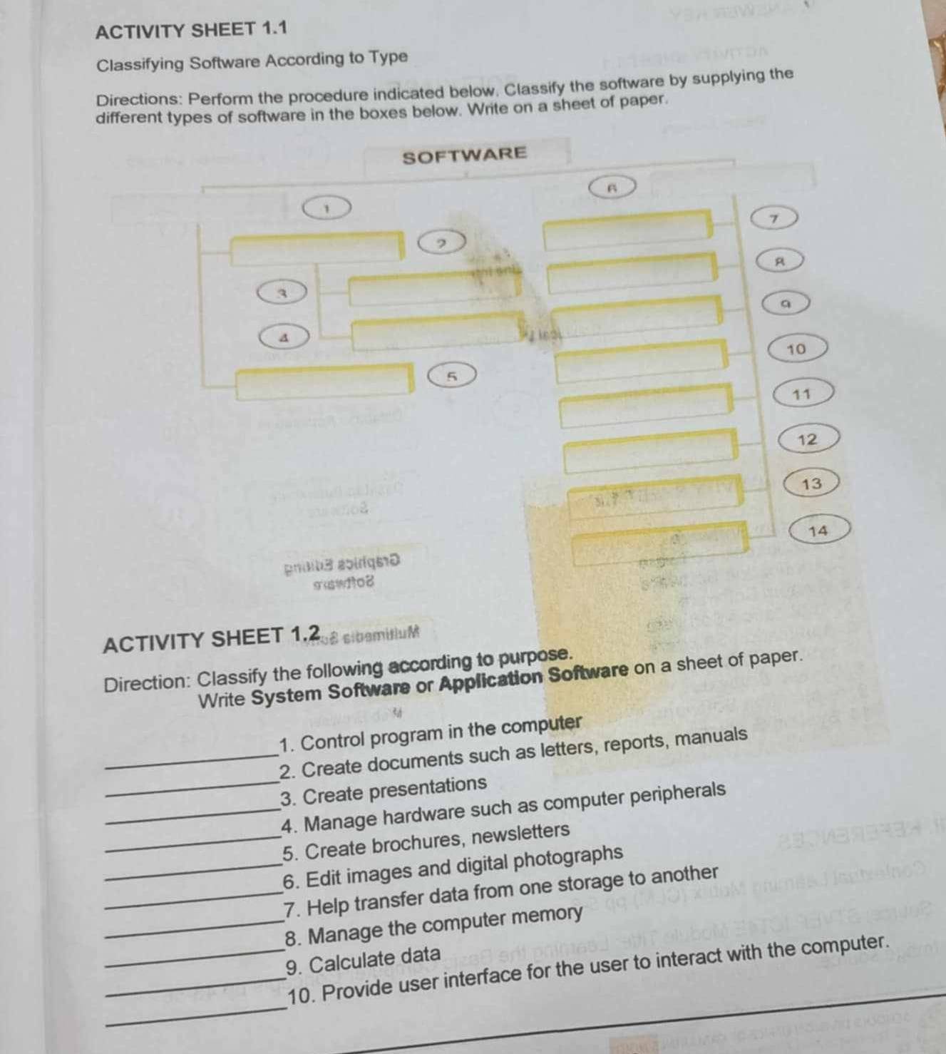 ACTIVITY SHEET 1.1 
Classifying Software According to Type 
Directions: Perform the procedure indicated below. Classify the software by supplying the 
different types of software in the boxes below. Write on a sheet of paper. 
SOFTWARE 
B 
1 
7 
7 
A 
3 
a 
4 
10 
5 
11 
12 
13 
14 

ACTIVITY SHEET 1.2 É sibemitiuM 
Direction: Classify the following according to purpose. 
Write System Software or Application Software on a sheet of paper. 
1. Control program in the computer 
_2. Create documents such as letters, reports, manuals 
_3. Create presentations 
_4. Manage hardware such as computer peripherals 
_5. Create brochures, newsletters 
_6. Edit images and digital photographs 
_7. Help transfer data from one storage to another 
_8. Manage the computer memory 
9. Calculate data 
_ 
_ 
__10. Provide user interface for the user to interact with the computer.