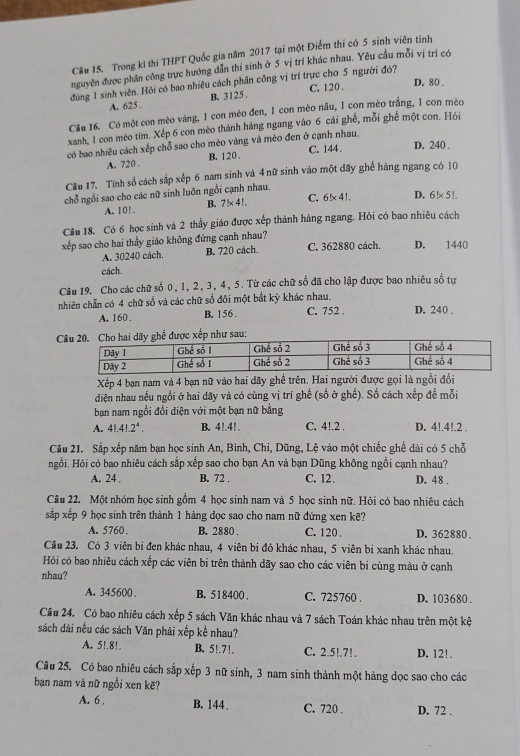 Cầu 15. Trong ki thi THPT Quốc gia năm 2017 tại một Điểm thí có 5 sinh viên tình
nguyên được phân công trực hướng dẫn thi sinh ở 5 vị trí khác nhau. Yêu cầu mỗi vị trí có
đúng 1 sinh viên. Hỏi có bao nhiêu cách phần công vị trí trực cho 5 người đó? C. 120.
D. 80 .
A. 625 B. 3125 .
Câu 16. Có một con mèo vàng, 1 con mèo đen, 1 con mèo nầu, I con mèo trắng, 1 con mèo
xanh, 1 con mèo tim. Xếp 6 con mèo thành hàng ngang vào 6 cái ghế, mỗi ghế một con. Hỏi
có bao nhiều cách xếp chỗ sao cho mèo vàng và mèo đen ở cạnh nhau, C. 144. D. 240 .
A. 720 , B. 120 .
Cầu 17. Tính số cách sắp xếp 6 nam sinh và 4 nữ sinh vào một đãy ghể hàng ngang có 10
chỗ ngỗi sao cho các nữ sinh luôn ngồi cạnh nhau.
A. 10! B. 7|* 4|. C. 6!* 4!. D. 6!* 5!.
Cầu 18. Có 6 học sinh và 2 thầy giáo được xếp thành hàng ngang. Hỏi có bao nhiêu cách
xếp sao cho hai thầy giáo không đứng cạnh nhau? C. 362880 cách. D. 1440
A. 30240 cách. B. 720 cách.
cách.
Câu 19. Cho các chữ số 0, l, 2 , 3 , 4 , 5. Từ các chữ số đã cho lập được bao nhiêu số tự
nhiên chẵn có 4 chữ số và các chữ số đôi một bắt kỳ khác nhau. C. 752 . D. 240 .
A. 160 B. 156 .
C như sau:
Xếp 4 bạn nam và 4 bạn nữ vào hai dãy ghế trên. Hai người được gọi là ngồi đổi
diện nhau nều ngồi ở hai dãy và có cùng vị trí ghế (số ở ghế). Số cách xếp đề mỗi
ban nam ngồi đổi diện với một bạn nữ bằng
A. 4!.4!.2^4. B. 4!.4!. C. 4!.2 . D. 4!.4!.2 .
Câu 21. Sắp xếp năm bạn học sinh An, Bình, Chi, Dũng, Lệ vào một chiếc ghế dài có 5 chỗ
Hgồi. Hỏi có bao nhiêu cách sắp xếp sao cho bạn An và bạn Dũng không ngồi cạnh nhau?
A. 24 . B. 72 . C. 12. D. 48 .
Câu 22. Một nhóm học sinh gồm 4 học sinh nam và 5 học sinh nữ. Hỏi có bao nhiêu cách
sắp xếp 9 học sinh trên thành 1 hàng dọc sao cho nam nữ đứng xen kẽ?
A. 5760. B. 2880 . C. 120 . D. 362880 .
Câu 23. Có 3 viên bí đen khác nhau, 4 viên bị đỏ khác nhau, 5 viên bi xanh khác nhau.
Hỏi có bao nhiêu cách xếp các viên bi trên thành dãy sao cho các viên bi cùng màu ở cạnh
nhau?
A. 345600 B. 518400 . C. 725760 . D. 103680 .
Câu 24. Có bao nhiêu cách xếp 5 sách Văn khác nhau và 7 sách Toán khác nhau trên một kệ
sách dài nếu các sách Văn phải xếp kể nhau?
A. 5!.8!. B. 5!.7!. C. 2.5!.7!. D. 12!.
Cầu 25. Có bao nhiêu cách sắp xếp 3 nữ sinh, 3 nam sinh thành một hàng dọc sao cho các
bạn nam và nữ ngồi xen kẽ?
A. 6 . B. 144 . C. 720 . D. 72 .