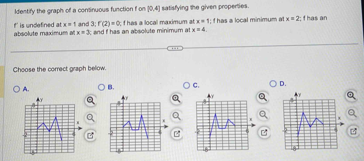 Identify the graph of a continuous function f on [0,4] satisfying the given properties.
f' is undefined at x=1 and 3; f'(2)=0; f has a local maximum at x=1; f has a local minimum at x=2; f has an
absolute maximum at x=3; and f has an absolute minimum at x=4. 
Choose the correct graph below.
C.
D.
A.
B.