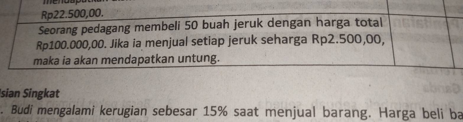 mendap 
Isian Singkat 
. Budi mengalami kerugian sebesar 15% saat menjual barang. Harga beli ba