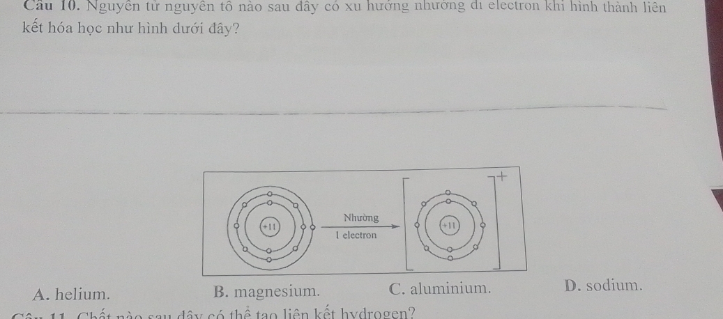 Cầu 10. Nguyễn tử nguyễn tổ nào sau đây có xu hướng nhương đi electron khi hình thành liên
kết hóa học như hình dưới đây?
A. helium. B. magnesium. C. aluminium. D. sodium.
nết n o sau đây có thể tạo liên kết hydrogen?