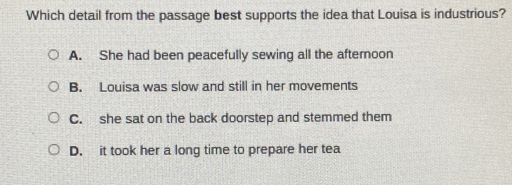 Which detail from the passage best supports the idea that Louisa is industrious?
A. She had been peacefully sewing all the afternoon
B. Louisa was slow and still in her movements
C. she sat on the back doorstep and stemmed them
D. it took her a long time to prepare her tea