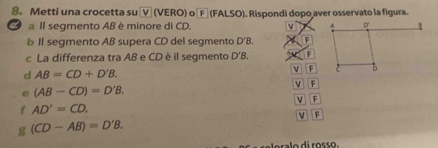 Metti una crocetta su ʼV (VERO) o ∈Fỷ (FALSO). Rispondi dopo aver osservato la figura.
a Il segmento AB è minore di CD. v 
b II segmento AB supera CD del segmento D'B. F
c La differenza tra AB e CD è il segmento D'B. F
d AB=CD+D'B.
F
e (AB-CD)=D'B.
v F
V F
AD'=CD.
V F
g (CD-AB)=D'B. 
ora lo di rosso.