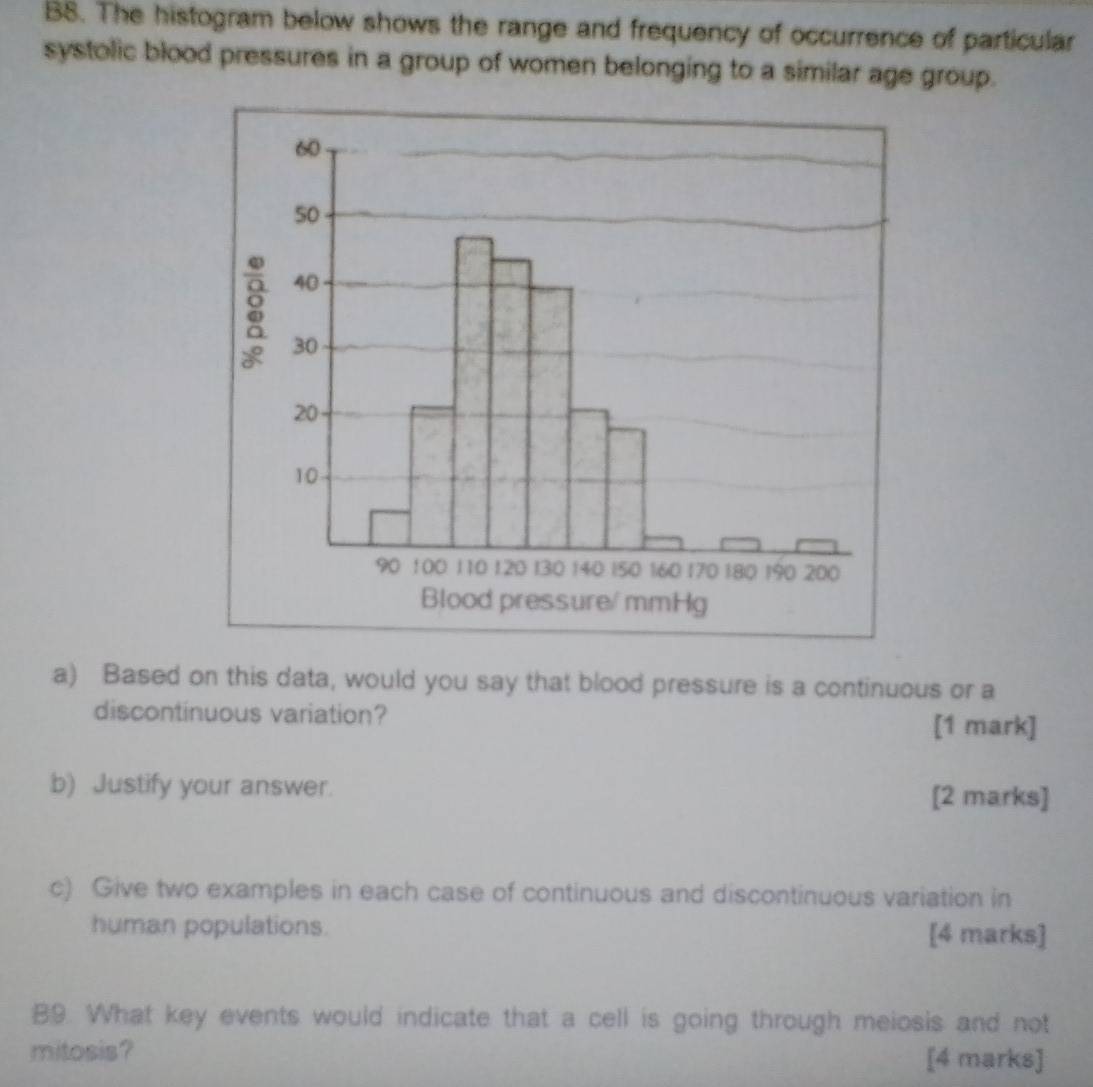 B8. The histogram below shows the range and frequency of occurrence of particular 
systolic blood pressures in a group of women belonging to a similar age group. 
a) Based on this data, would you say that blood pressure is a continuous or a 
discontinuous variation? 
[1 mark] 
b) Justify your answer. [2 marks] 
c) Give two examples in each case of continuous and discontinuous variation in 
human populations. [4 marks] 
B9. What key events would indicate that a cell is going through meiosis and not 
mitosis? [4 marks]