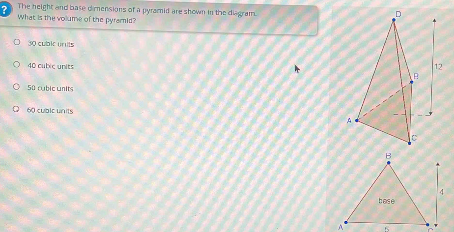 Solved: ? The height and base dimensions of a pyramid are shown in the ...