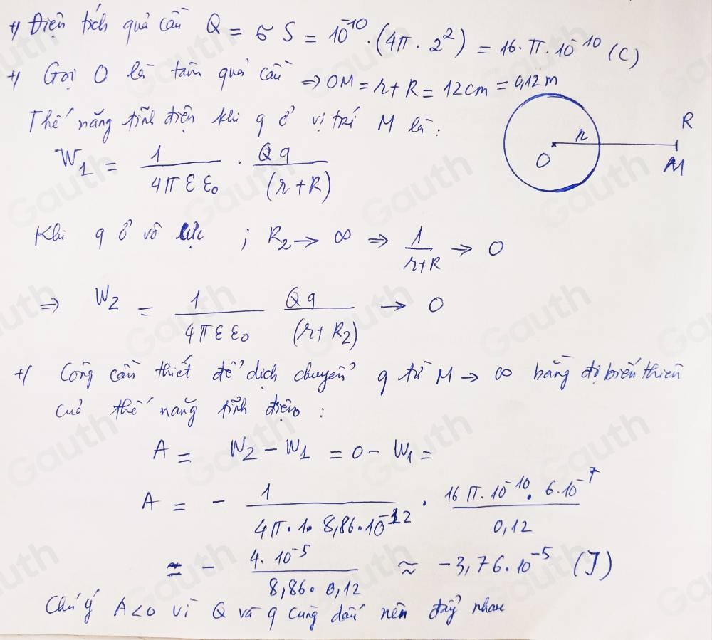 Giải quyết:Tính công cần thiết để dịch chuyển một diện tích q=6.10^(-7 ...