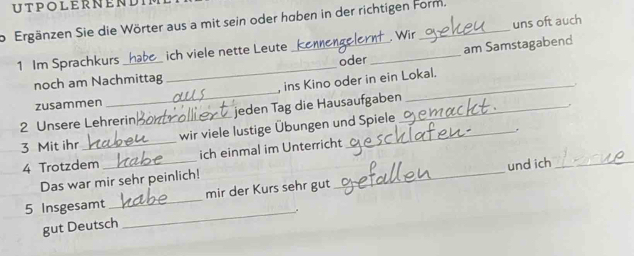 UTPOLERNENDI 
b Ergänzen Sie die Wörter aus a mit sein oder haben in der richtigen Form. 
1 Im Sprachkurs __ ich viele nette Leute __. Wir uns oft auch 
oder am Samstagabend 
_ 
noch am Nachmittag 
_ 
, ins Kino oder in ein Lokal. 
. 
zusammen 
2 Unsere Lehrerin_ jeden Tag die Hausaufgaben_ 
. 
. 
3 Mit ihr_ wir viele lustige Übungen und Spiele 
4 Trotzdem _ich einmal im Unterricht 
und ich_ 
Das war mir sehr peinlich! 
5 Insgesamt _mir der Kurs sehr gut 
_ 
_. 
gut Deutsch