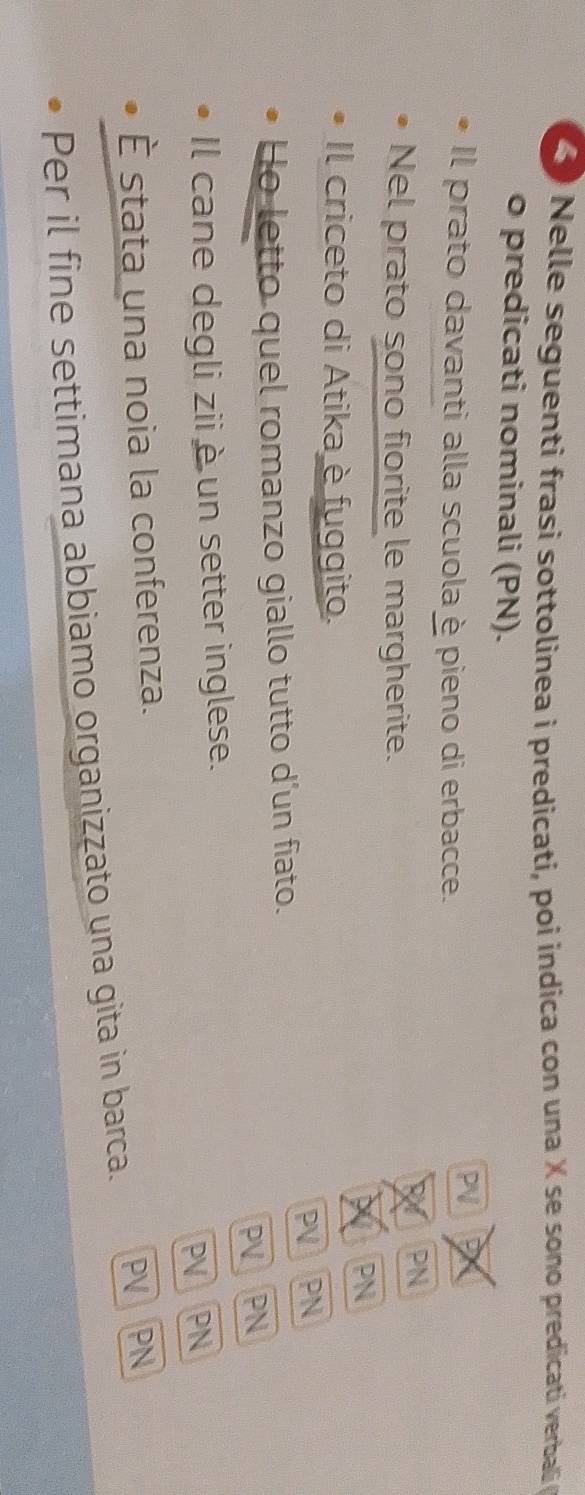 Nelle seguenti frasi sottolinea i predicati, poi indica con una × se sono predicati verbali (
o predicati nominali (PN).
Il prato davanti alla scuolaè pieno di erbacce.
PV D
PN
Nel prato sono fiorite le margherite.
PN
Il criceto di Atika è fuggito.
PV PN
He letto quel romanzo giallo tutto d’un fiato.
PV PN
Il cane degli ziièun setter inglese.
PV PN
È stata una noia la conferenza.
Per il fine settimana abbiamo organizzato una gita in barca. PV PN