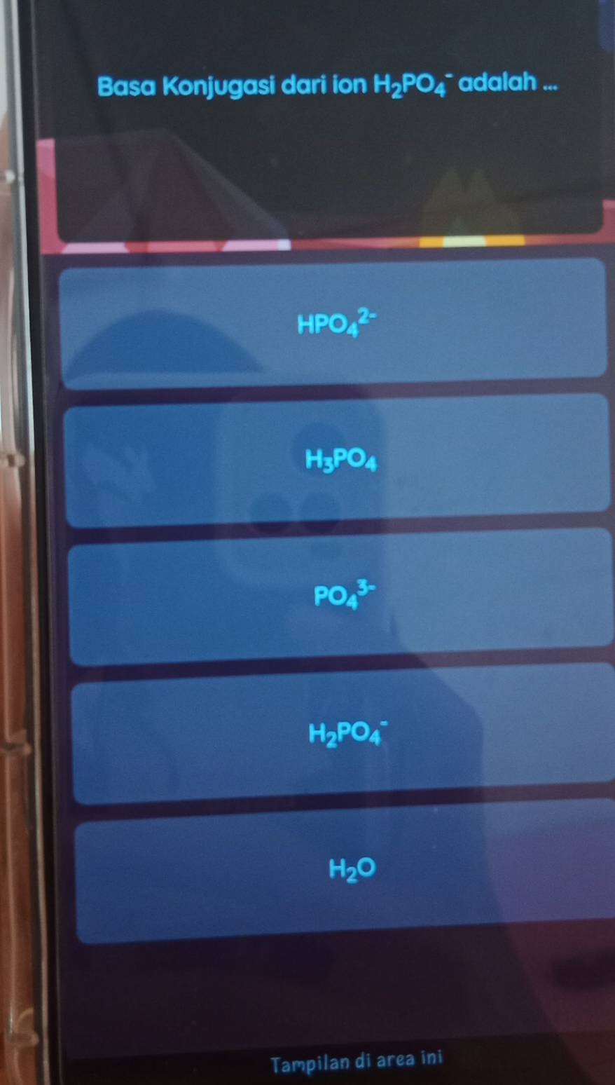 Basa Konjugasi dari ion H_2PO_4 `` adalah ...
HPO_4^((2-)
H_3)PO_4
PO_4^((3-)
H_2)PO_4^(-
H_2)O
Tampilan di area ini