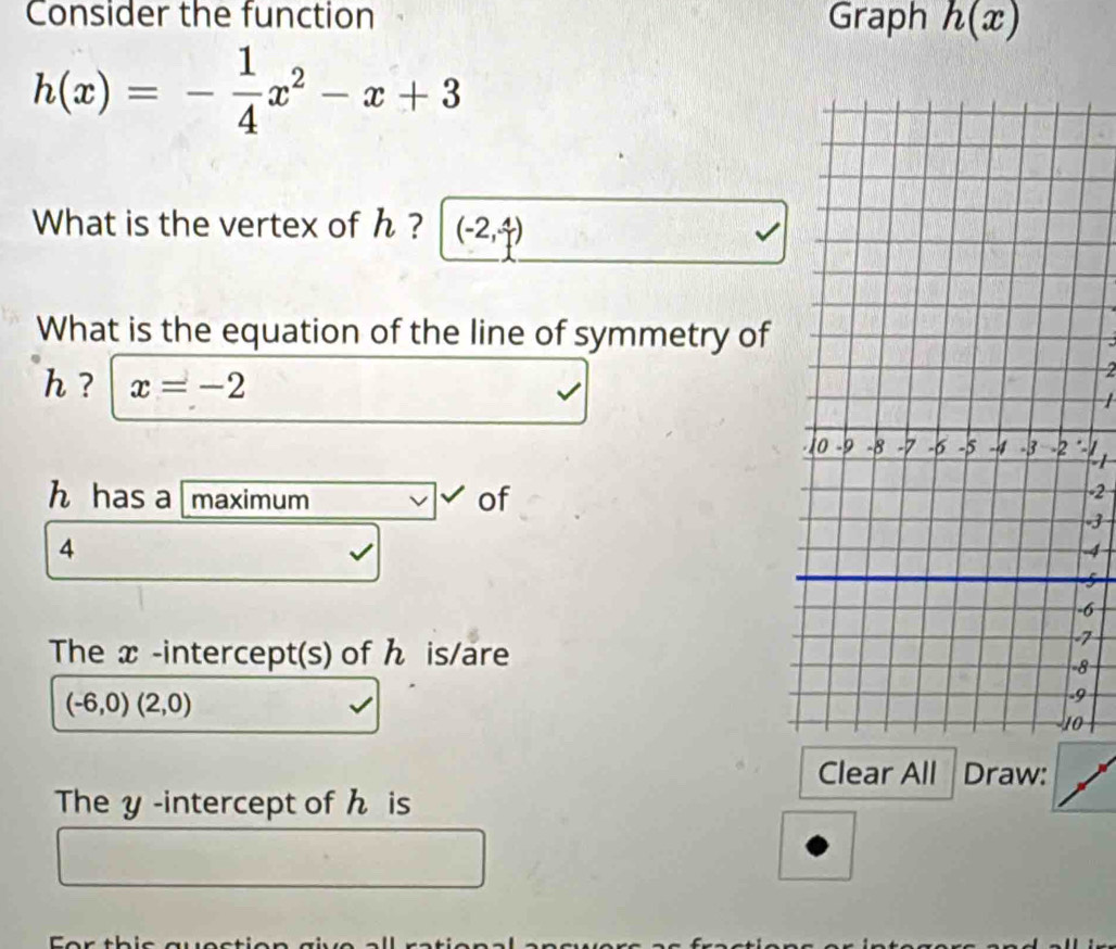 Consider the function Graph h(x)
h(x)=- 1/4 x^2-x+3
What is the vertex of h ? (-2,- 4/7 )
What is the equation of the line of symmetry of
h ? x=-2
2

h has a maximum of
-2
3
4
4

6
The x -intercept(s) of ん is/are
7
8
(-6,0)(2,0)
9
0
Clear All Draw: 
The y -intercept of h is