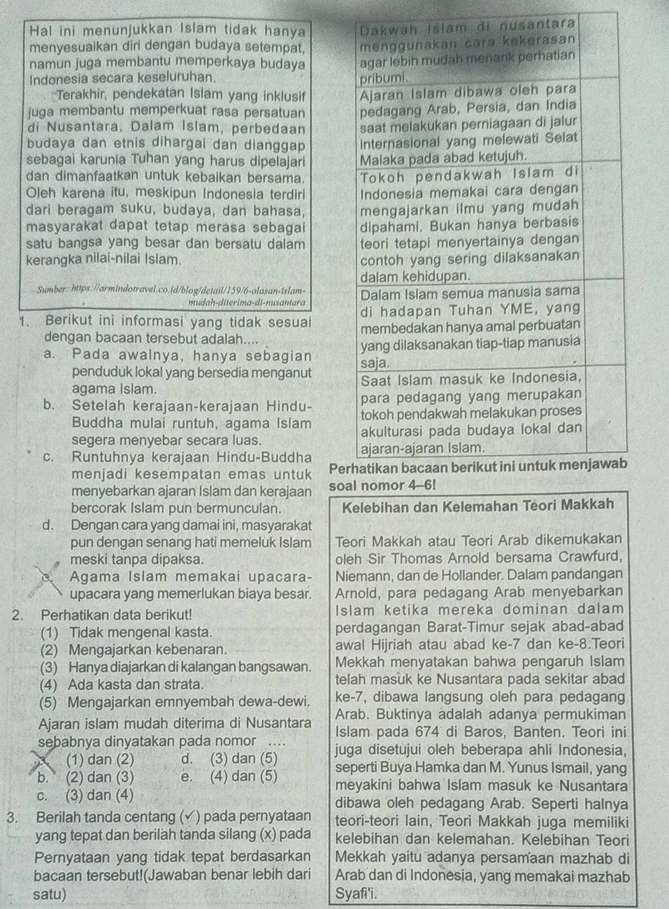 Hal ini menunjukkan Islam tidak hanya di nusantara
menyesuaikan diri dengan budaya setempat,
namun juga membantu memperkaya budaya 
Indonesia secara keseluruhan.
Terakhir, pendekatan Islam yang inklusif 
juga membantu memperkuat rasa persatuan 
di Nusantara, Dalam Islam, perbedaan 
budaya dan etnis dihargai dan dianggap 
sebagai karunia Tuhan yang harus dipelajari 
dan dimanfaatkan untuk kebaikan bersama. 
Oleh karena itu, meskipun Indonesia terdiri 
dari beragam suku, budaya, dan bahasa, 
masyarakat dapat tetap merasa sebagai 
satu bangsa yang besar dan bersatu dalam 
kerangka nilai-nilai Islam. 
Sumber: https://armindotravel.co.id/blog/detail/159/6-alosan-islam- 
mudah-diterima-di-nusantara 
1. Berikut ini informasi yang tidak sesuai 
dengan bacaan tersebut adalah....
a. Pada awalnya, hanya sebagian 
penduduk lokal yang bersedia menganut 
agama Islam.
b. Setelah kerajaan-kerajaan Hindu- 
Buddha mulai runtuh, agama Islam
segera menyebar secara luas. 
c. Runtuhnya kerajaan Hindu-Buddha 
menjadi kesempatan emas untuk Pe
menyebarkan ajaran Islam dan kerajaan so
bercorak Islam pun bermunculan. Kelebihan dan Kelemahan Teori Makkah
d. Dengan cara yang damai ini, masyarakat
pun dengan senang hati memeluk Islam Teori Makkah atau Teori Arab dikemukakan
meski tanpa dipaksa. oleh Sir Thomas Arnold bersama Crawfurd,
C Agama Islam memakai upacara- Niemann, dan de Hollander. Dalam pandangan
upacara yang memerlukan biaya besar. Arnold, para pedagang Arab menyebarkan
2. Perhatikan data berikut! Islam ketika mereka dominan dalam
(1) Tidak mengenal kasta. perdagangan Barat-Timur sejak abad-abad
(2) Mengajarkan kebenaran. awal Hijriah atau abad ke-7 dan ke-8.Teori
(3) Hanya diajarkan di kalangan bangsawan. Mekkah menyatakan bahwa pengaruh Islam
(4) Ada kasta dan strata. telah masuk ke Nusantara pada sekitar abad
(5) Mengajarkan emnyembah dewa-dewi. ke-7, dibawa langsung oleh para pedagang
Ajaran islam mudah diterima di Nusantara Arab. Buktinya adalah adanya permukiman
sebabnya dinyatakan pada nomor . Islam pada 674 di Baros, Banten. Teori ini
juga disetujui oleh beberapa ahli Indonesia,
(1) dan (2) d. (3) dan (5) seperti Buya Hamka dan M. Yunus Ismail, yang
b. (2) dan (3) e. (4) dan (5) meyakini bahwa Islam masuk ke Nusantara
c. (3) dan (4) dibawa oleh pedagang Arab. Seperti halnya
3. Berilah tanda centang (✓) pada pernyataan teori-teori lain, Teori Makkah juga memiliki
yang tepat dan berilah tanda silang (x) pada kelebihan dan kelemahan. Kelebihan Teori
Pernyataan yang tidak tepat berdasarkan Mekkah yaitu adanya persamaan mazhab di
bacaan tersebut!(Jawaban benar lebih dari Arab dan di Indonesia, yang memakai mazhab
satu) Syafi'i.