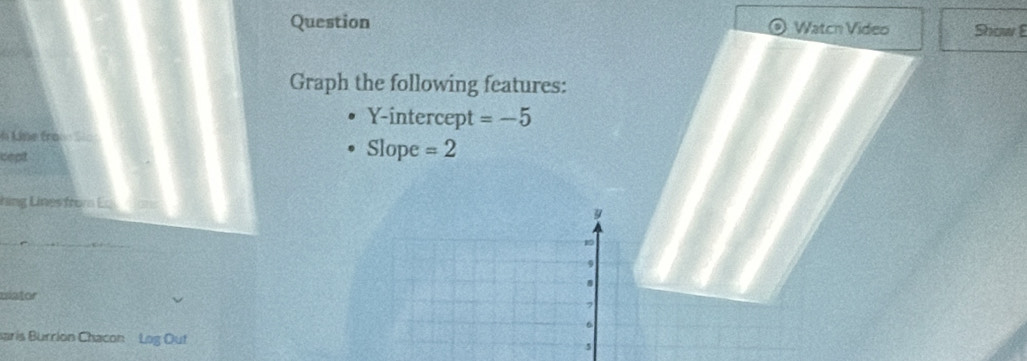 Question Watcn Video Show E 
Graph the following features: 
Y-intercept =-5
6 Líne trano Sãoo 
cept Slope =2
hing Lines from Eq y
clator
6
saris Burrion Chacon Log Out 5