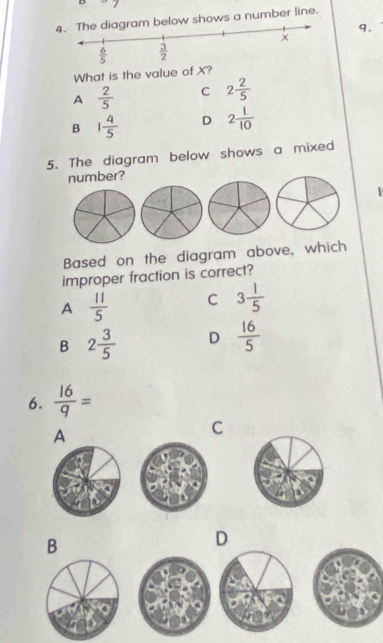 low shows a number line.
9.
What is the value of X?
A  2/5  C 2 2/5 
B 1 4/5  D 2 1/10 
5. The diagram below shows a mixed
number?
1
Based on the diagram above, which
improper fraction is correct?
A  11/5  C 3 1/5 
B 2 3/5  D  16/5 
6.  16/q =
A
C
B
D