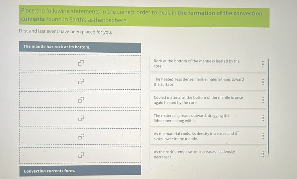 Place the following statements in the correct order to explain the formation of the convection
currents found in Earth's asthenosphere.
First and last event have been placed for you.
The mantle has rock at its bottom.
□^2
Rock at the bottom of the mantle is heated by the ::
core.
□^7
The heated, less dense mantle material rises toward ;;
the surface.
□^3
Cooled material at the bottom of the mantle is once
again heated by the core.
□^3
The material spreads outward, dragging the
lithosphere along with it.
:
□^2
overline It
As the material cools, its density increases and it
sinks lower in the mantle.
□^3
As the rock's temperature increases, its density
decreases.
Convection currents form.