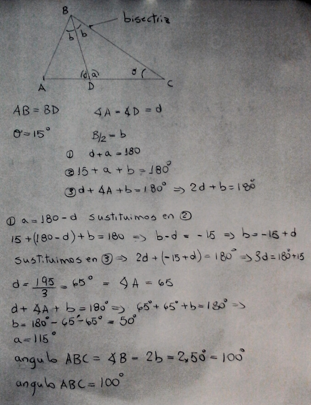 Resuelto:En la siguiente figura, overline BD es bisectriz interior del ...