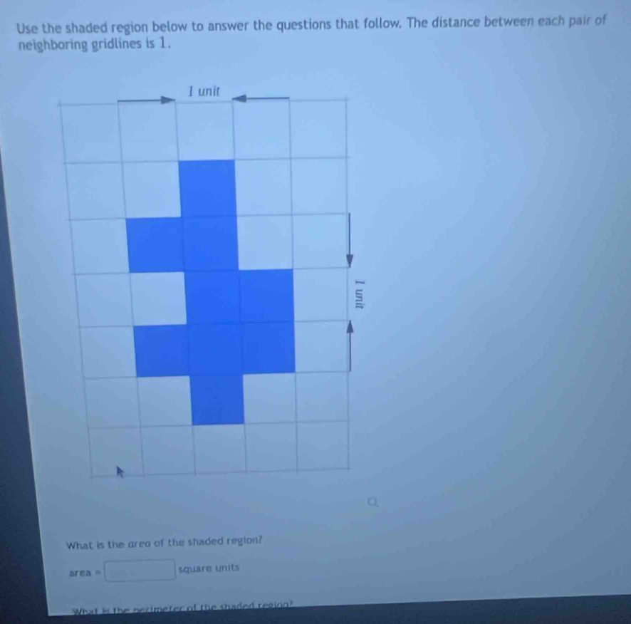 Use the shaded region below to answer the questions that follow. The distance between each pair of 
neighboring gridlines is 1.
1 unit 
s 
What is the greo of the shaded region?
area = square units
What is the nerimeter of the shaded reginn?