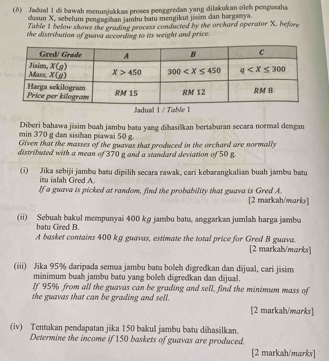 (6) Jadual 1 di bawah menunjukkan proses penggredan yang dilakukan oleh pengusaha
dusun X, sebelum pengagihan jambu batu mengikut jisim dan harganya.
Table 1 below shows the grading process conducted by the orchard operator X, before
the distribution of guava according to its weight and price.
Jadual 1 / Table 1
Diberi bahawa jisim buah jambu batu yang dihasilkan bertaburan secara normal dengan
min 370 g dan sisihan piawai 50 g.
Given that the masses of the guavas that produced in the orchard are normally
distributed with a mean of 370 g and a standard deviation of 50 g.
(i) Jika sebiji jambu batu dipilih secara rawak, cari kebarangkalian buah jambu batu
itu ialah Gred A.
If a guava is picked at random, find the probability that guava is Gred A.
[2 markah/marks]
(ii) Sebuah bakul mempunyai 400 kg jambu batu, anggarkan jumlah harga jambu
batu Gred B.
A basket contains 400 kg guavas, estimate the total price for Gred B guava.
[2 markah/marks]
(iii) Jika 95% daripada semua jambu batu boleh digredkan dan dijual, cari jisim
minimum buah jambu batu yang boleh digredkan dan dijual.
If 95% from all the guavas can be grading and sell, find the minimum mass of
the guavas that can be grading and sell.
[2 markah/marks]
(iv) Tentukan pendapatan jika 150 bakul jambu batu dihasilkan.
Determine the income if 150 baskets of guavas are produced.
[2 markah/marks]