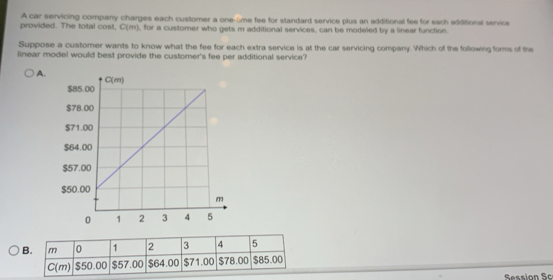 A car servicing company charges each customer a one-lime fee for standard service plus an additional fee for each additional service
provided. The total cost, C(m), for a customer who gets m additional services, can be modeled by a linear function.
Suppose a customer wants to know what the fee for each extra service is at the car servicing company. Which of the following forms of the
linear model would best provide the customer's fee per additional service?
A.
B. m 0 1 2 3 4 5
C(m) $50.00 $57.00 $64.00 $71.00 $78.00 $85.00
Session Sc