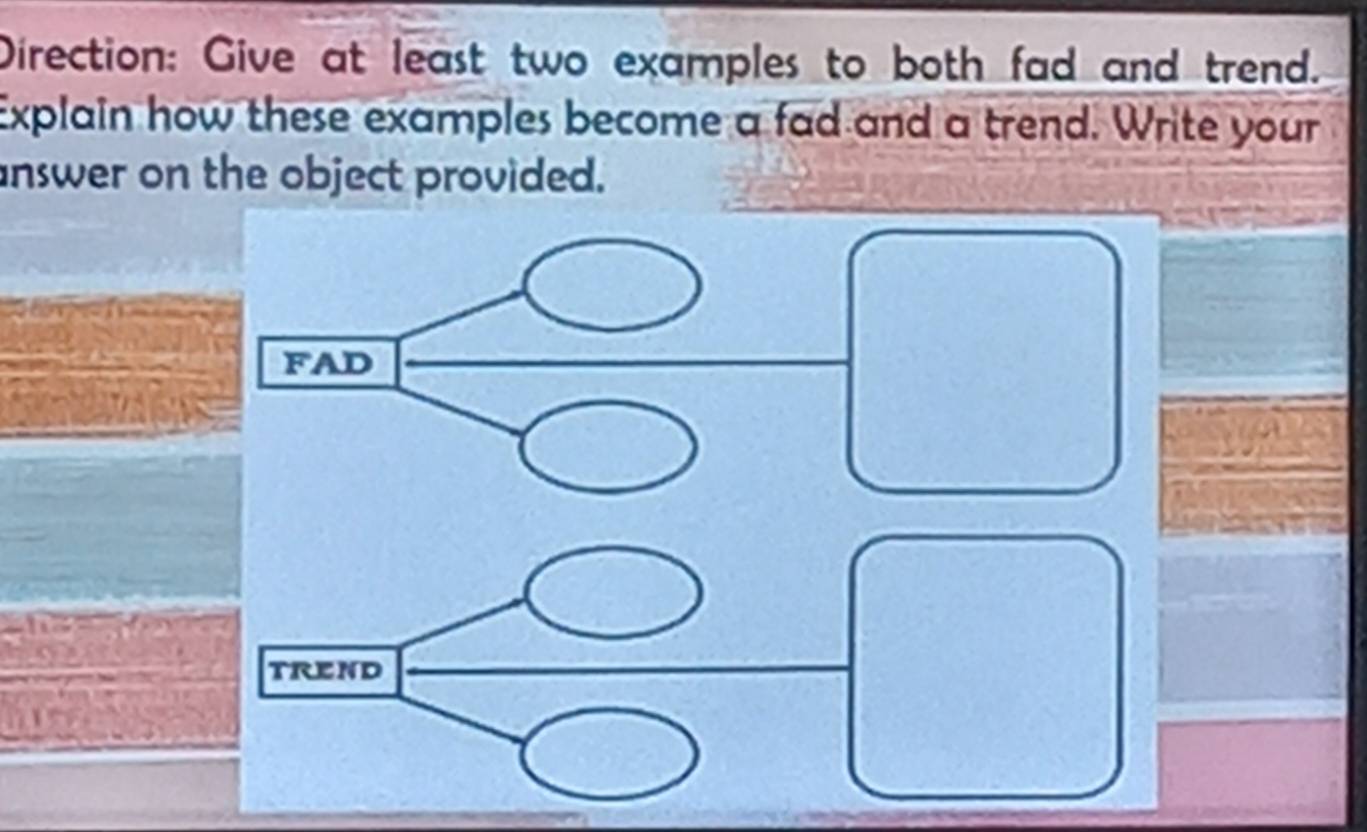 Direction: Give at least two examples to both fad and trend.
Explain how these examples become a fad and a trend. Write your
nswer on the object provided.
FAD
TREND