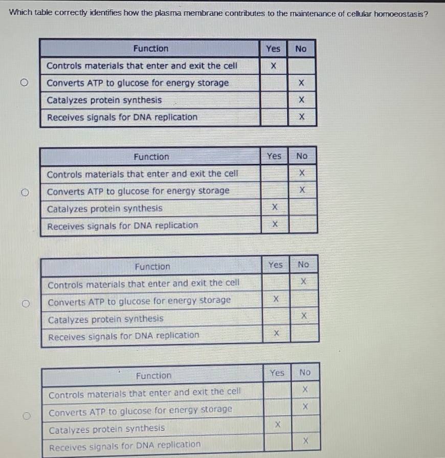 Which table correctly identifies how the plasma membrane contributes to the maintenance of cellular homoeostasis?