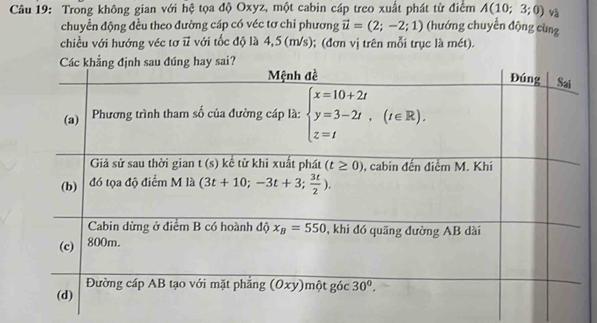 Trong không gian với hệ tọa độ Oxyz, một cabin cáp treo xuất phát từ điểm A(10;3;0) và
chuyển động đều theo đường cáp có véc tơ chi phương vector u=(2;-2;1) (hướng chuyển động cùng
chiều với hướng véc tơ ũ với tốc độ là 4,5 (m/s); (đơn vị trên mỗi trục là mét).