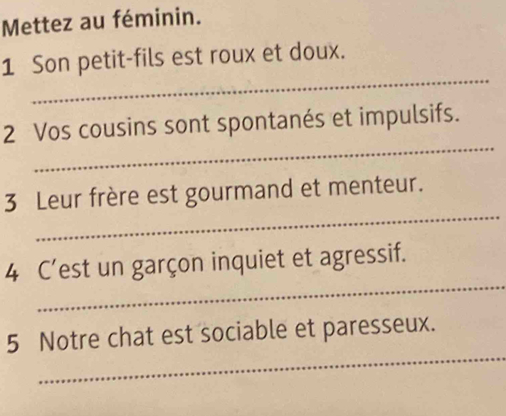 Mettez au féminin. 
_ 
1 Son petit-fils est roux et doux. 
_ 
2 Vos cousins sont spontanés et impulsifs. 
_ 
3 Leur frère est gourmand et menteur. 
_ 
4 C’est un garçon inquiet et agressif. 
_ 
5 Notre chat est sociable et paresseux.