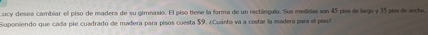 Lucy desea cambiar el piso de madera de su gimnasio. El piso tiene la forma de un rectángulo. Sus medidas son 45 pies de largo y 35 pies de ancho. 
Suponiendo que cada pie cuadrado de madera para pisos cuesta $9. ¿Cuánto va a costar la madera para el piso?