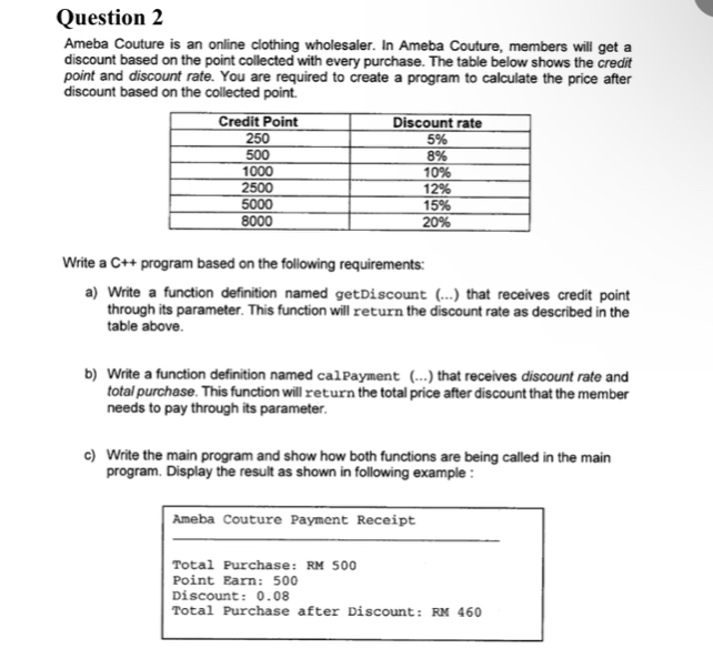 Ameba Couture is an online clothing wholesaler. In Ameba Couture, members will get a 
discount based on the point collected with every purchase. The table below shows the credit 
point and discount rate. You are required to create a program to calculate the price after 
discount based on the collected point. 
Write a C++ program based on the following requirements: 
a) Write a function definition named getDiscount (...) that receives credit point 
through its parameter. This function will reεu £ n the discount rate as described in the 
table above. 
b) Write a function definition named ca1Payment (...) that receives discount rate and 
total purchase. This function will xeturn the total price after discount that the member 
needs to pay through its parameter. 
c) Write the main program and show how both functions are being called in the main 
program. Display the result as shown in following example : 
Ameba Couture Payment Receipt 
_ 
Total Purchase: RM 500
Point Earn: 500
Discount: 0.08
Total Purchase after Discount: RM 460