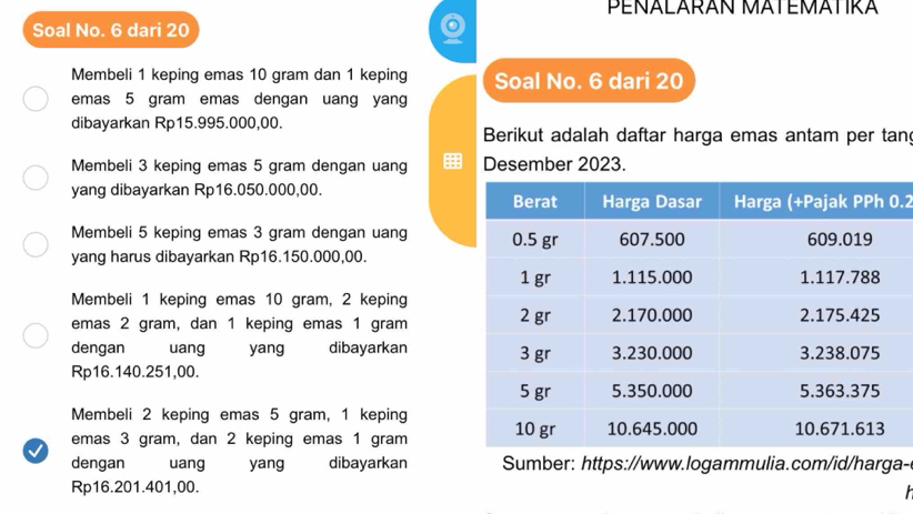 PEÑALARAN MATEMATIRA 
Soal No. 6 dari 20
Membeli 1 keping emas 10 gram dan 1 keping Soal No. 6 dari 20
emas 5 gram emas dengan uang yang 
dibayarkan Rp15.995.000,00. Berikut adalah daftar harga emas antam per tan 
Membeli 3 keping emas 5 gram dengan uang Desember 2023. 
yang dibayarkan Rp16.050.000,00. .2 
Membeli 5 keping emas 3 gram dengan uang 
yang harus dibayarkan Rp16.150.000,00. 
Membeli 1 keping emas 10 gram, 2 keping 
emas 2 gram, dan 1 keping emas 1 gram
dengan _ uang yang dibayarkan
Rp16.140.251,00. 
Membeli 2 keping emas 5 gram, 1 keping 
emas 3 gram, dan 2 keping emas 1 gram
dengan uang yang dibayarkan Sumber: https://www.logammulia.com/id/harga-
Rp16.201.401,00.