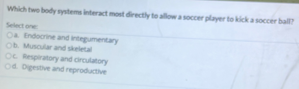 Which two body systems interact most directly to allow a soccer player to kick a soccer ball?
Select one:
a. Endocrine and integumentary
b. Muscular and skeletal
c. Respiratory and circulatory
d. Digestive and reproductive