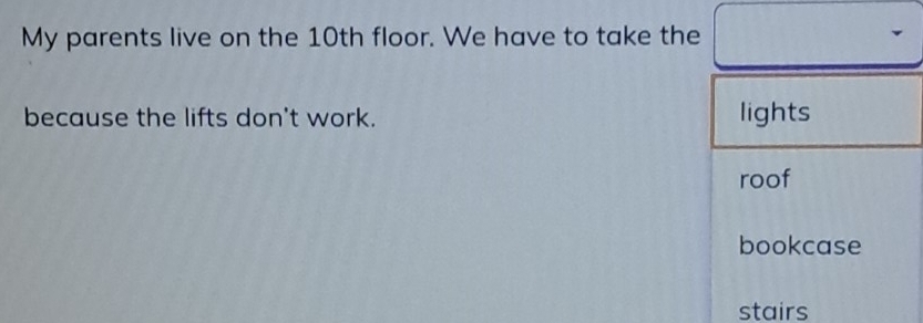 My parents live on the 10th floor. We have to take the
because the lifts don't work. lights
roof
bookcase
stairs