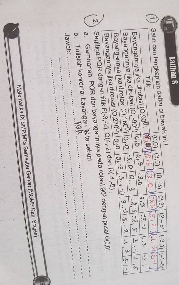 Latihan 8
2. Segitiga PQR d
a. Gambarlah PQR dan bayangannnya pad
_
b. Tulislah koordinat bayangan C tersebut!
Jawab:
Matematika IX SMP/MTs Semester Genap (MGMP Kab. Sragen)