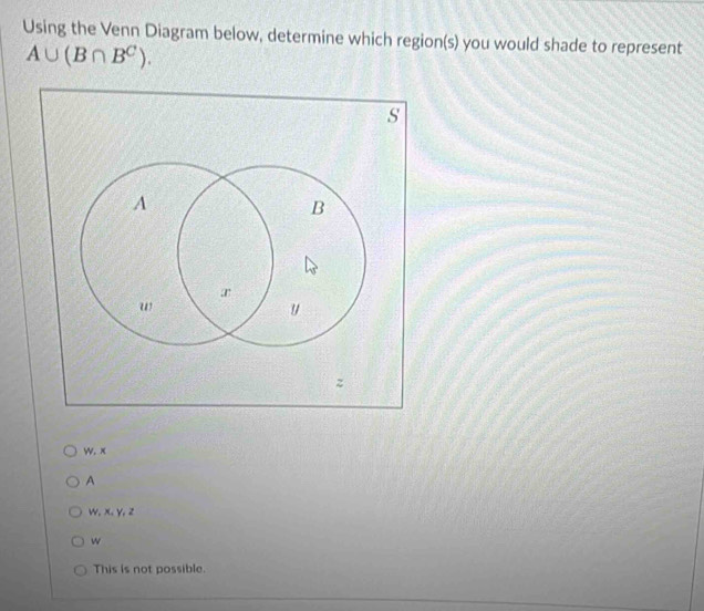 Using the Venn Diagram below, determine which region(s) you would shade to represent
A∪ (B∩ B^C).
. x
A
w, x, y, z
w
This is not possible.