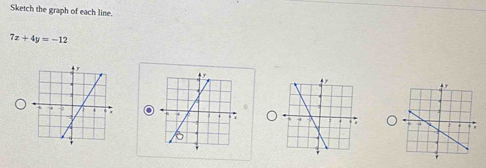 Sketch the graph of each line.
7x+4y=-12
a