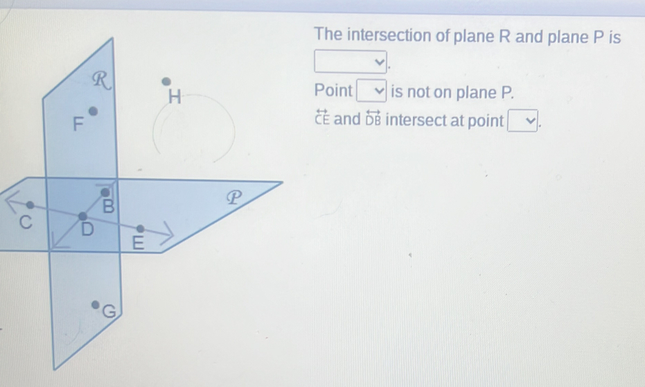 The intersection of plane R and plane P is 
a 
Point □ is not on plane P.
overleftrightarrow CE and overleftrightarrow DB
intersect at point vee .