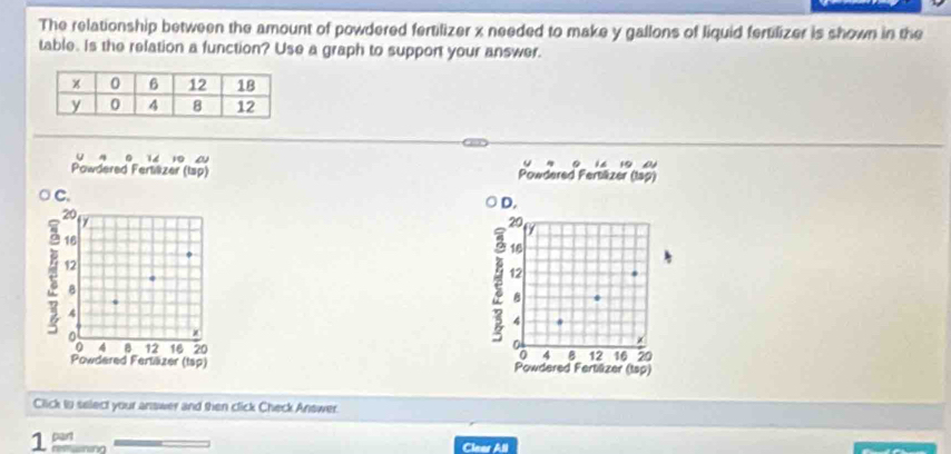 The relationship between the amount of powdered fertilizer x needed to make y gallons of liquid fertilizer is shown in the 
table. Is the relation a function? Use a graph to support your answer.
0 14 1 0
Powdered Fertiizer (lap) Powdered Fertiäzer (tap) 
C. 
D.
20
20
67
16
1
12
12
B
4
4
a 4 12 16 20
a 4 B 12 16 20
Powdered Fertiäzer (tap) Powdered Fertilizer (tsp) 
Click to select your answer and then click Check Answer. 
1 part 
Clear All