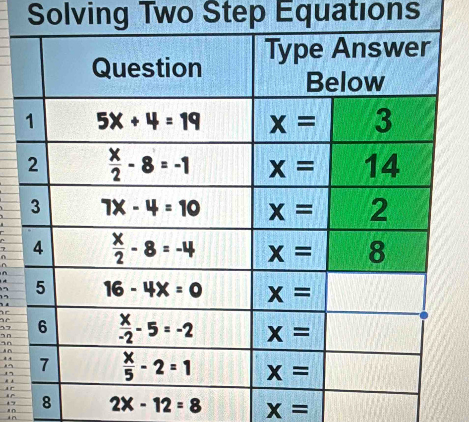 Solving Two Step Equations
~
7
n 
A 
r
C
17
s 0
70
A△
À A
A A
At
A r8
A '7
2x-12=8
i^
x=