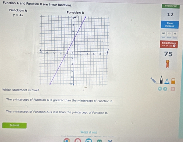 Function A and Function B are linear functions. answered
Function A
y=4x
12
Time
elapsed
∞ 15 u
out of 199 O Smart Score
75
Which statement is true?
The y-intercept of Function A is greater than the y-intercept of Function B.
The y-intercept of Function A is less than the y-intercept of Function B.
Submit
Work it out