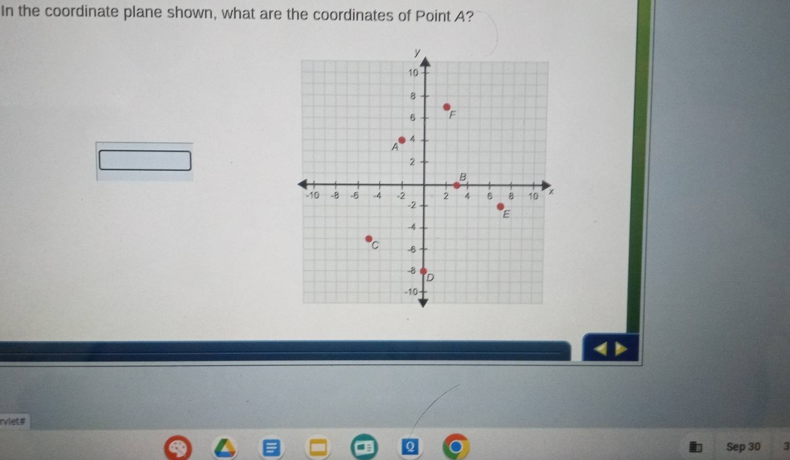 In the coordinate plane shown, what are the coordinates of Point A?
4
rviet# 
Sep 30 3